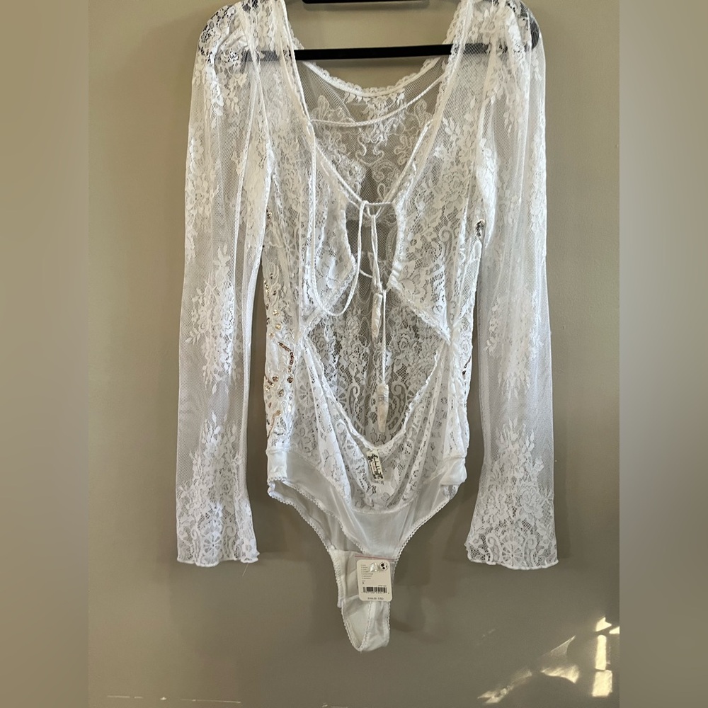 Free People - Intimately  - Ready to Party Lace Bodysuit White Long Sleeve Small - Picture 5 of 11